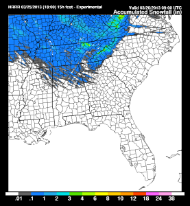 Total Accumulated Snowfall based on the HRRR wx model. It's just one model & may be wrong.